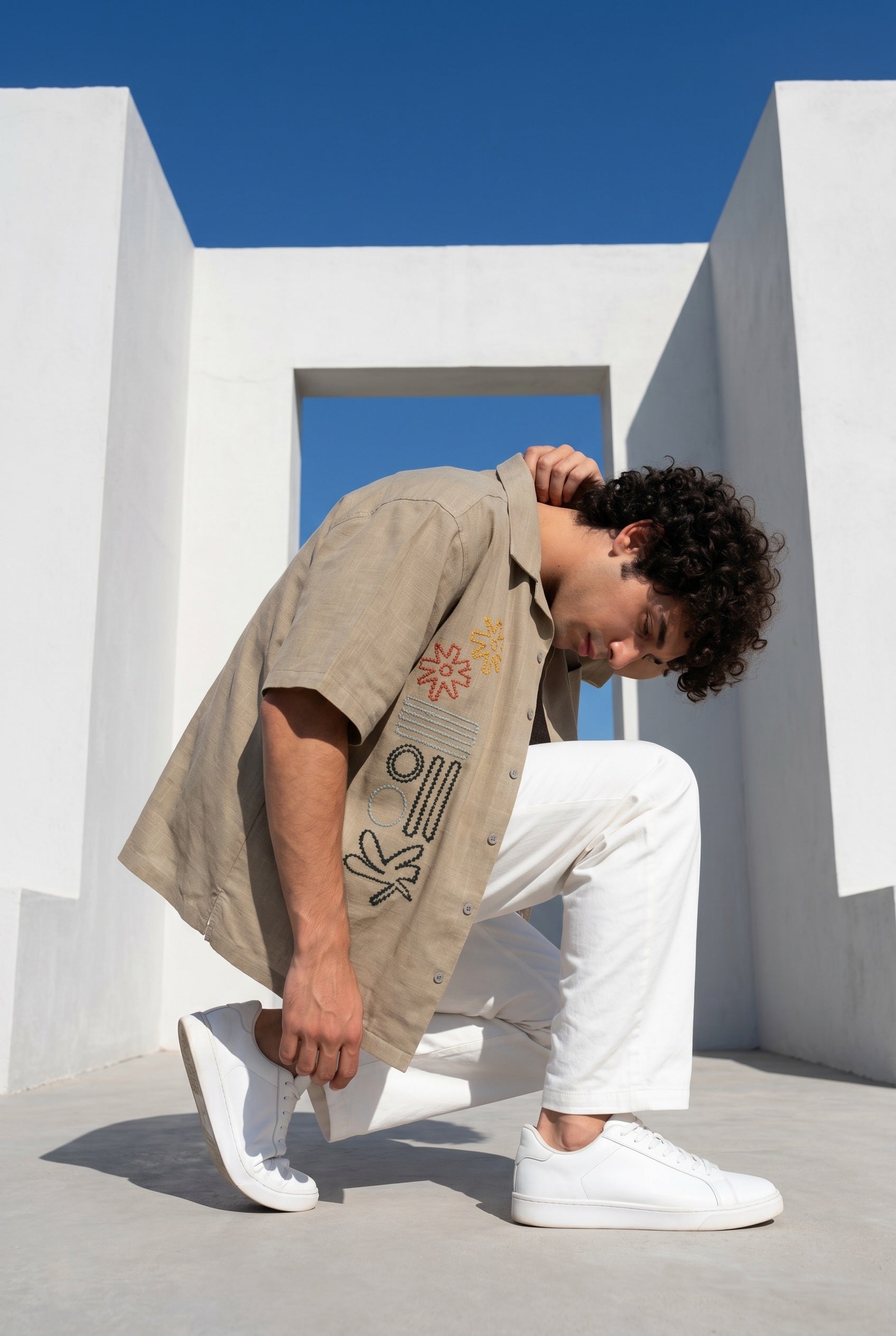Grey Embroidred Cuban Collar Oversized Casual Cotton Men's Shirt