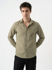 Olive Green Band Collar Hummingbird Embroidered Cotton Men's Shirt