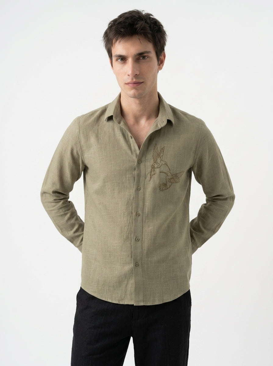 Men's Olive Green Linen-Blend Long Sleeve Shirt with Hummingbird Embroidery