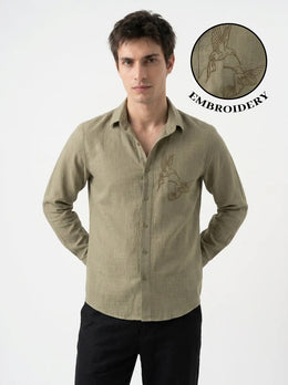 Olive Green Band Collar Hummingbird Embroidered Cotton Men's Shirt