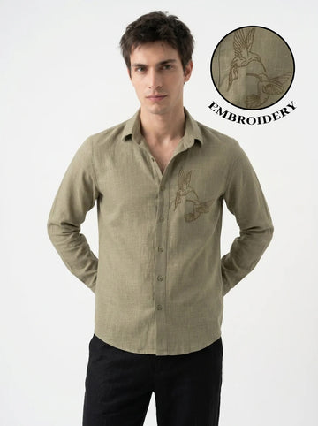 Men's Olive Green Linen-Blend Long Sleeve Shirt with Hummingbird Embroidery