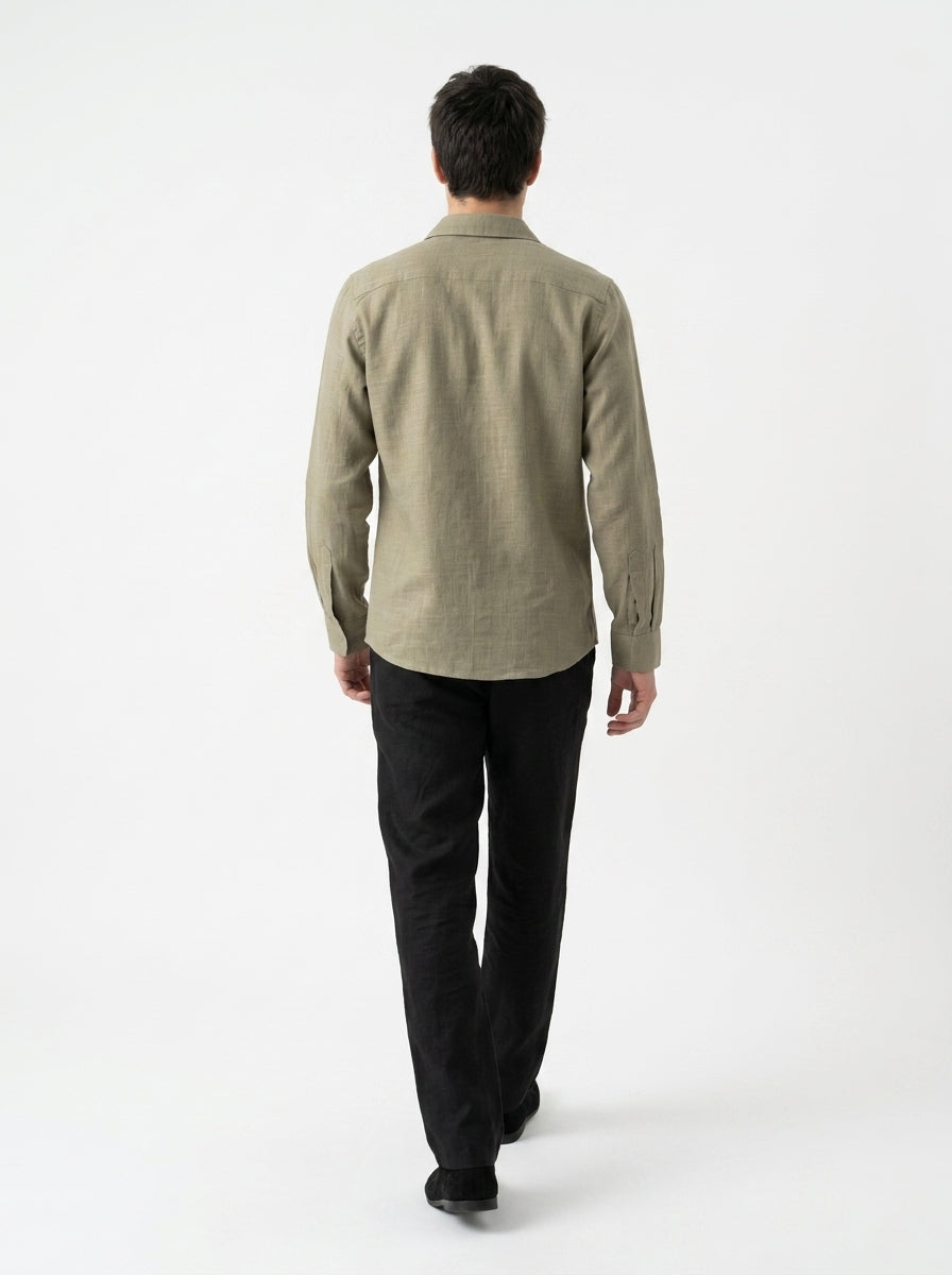 Men's Olive Green Linen-Blend Long Sleeve Shirt with Hummingbird Embroidery