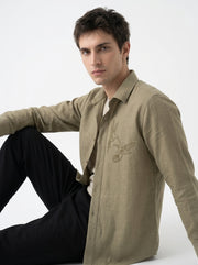 Olive Green Band Collar Hummingbird Embroidered Cotton Men's Shirt