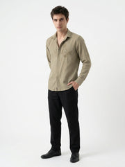 Olive Green Band Collar Hummingbird Embroidered Cotton Men's Shirt
