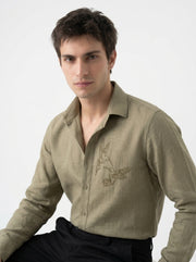 Olive Green Band Collar Hummingbird Embroidered Cotton Men's Shirt