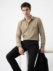 Olive Green Band Collar Hummingbird Embroidered Cotton Men's Shirt