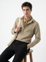 Olive Green Band Collar Hummingbird Embroidered Cotton Men's Shirt