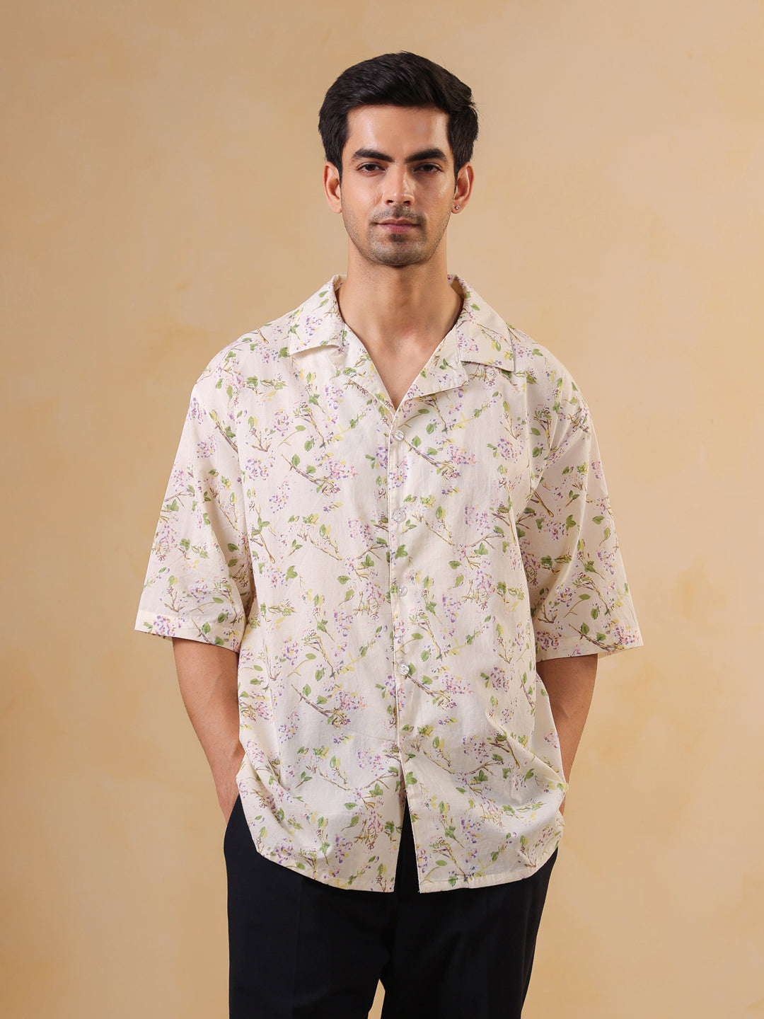 Off White Cuban Collar Printed Oversized Cotton Men' Shirt