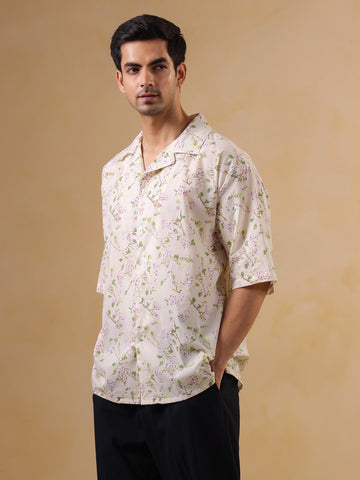 Off White Cuban Collar Printed Oversized Cotton Men' Shirt