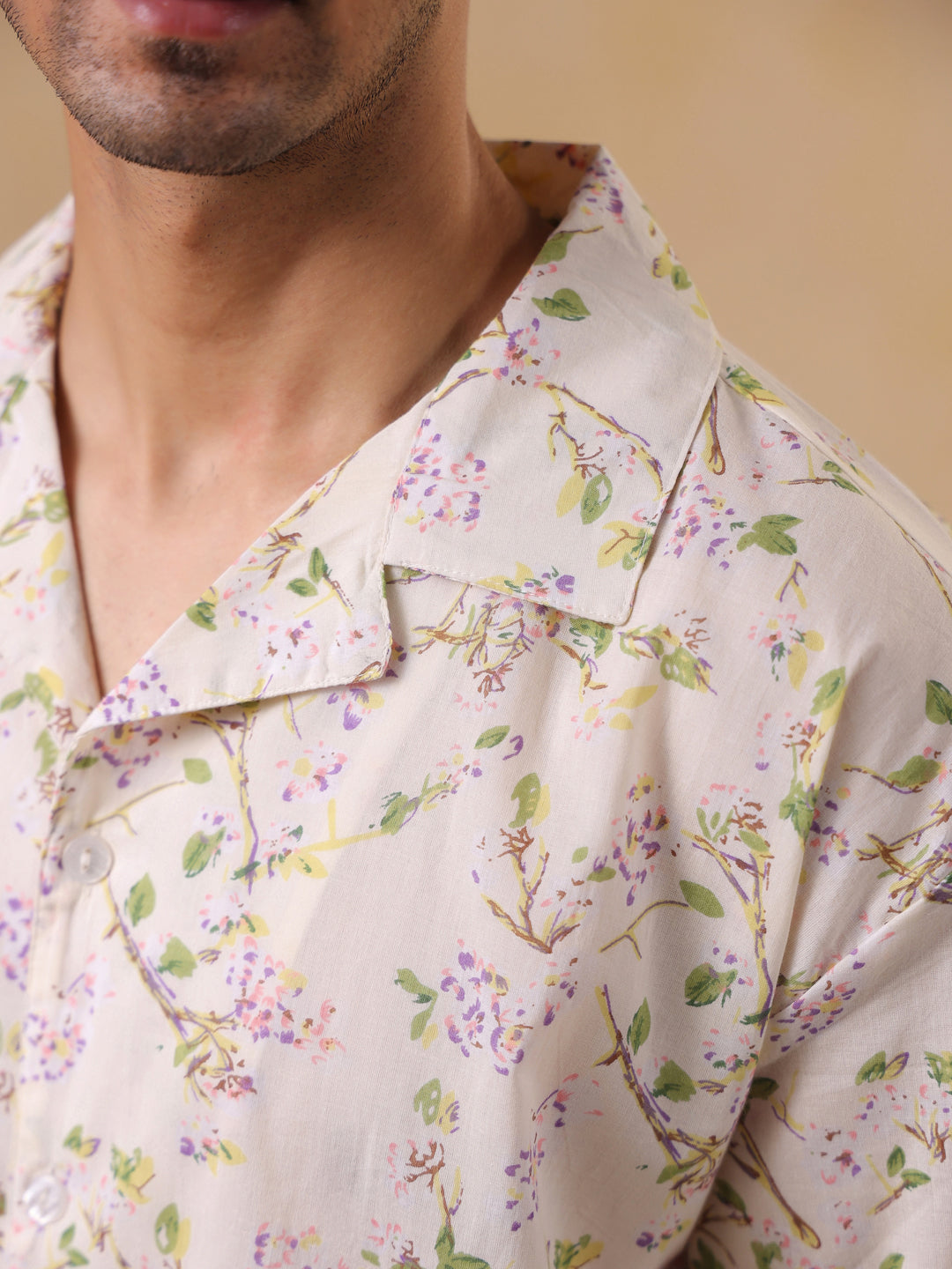 Off White Cuban Collar Printed Oversized Cotton Men' Shirt
