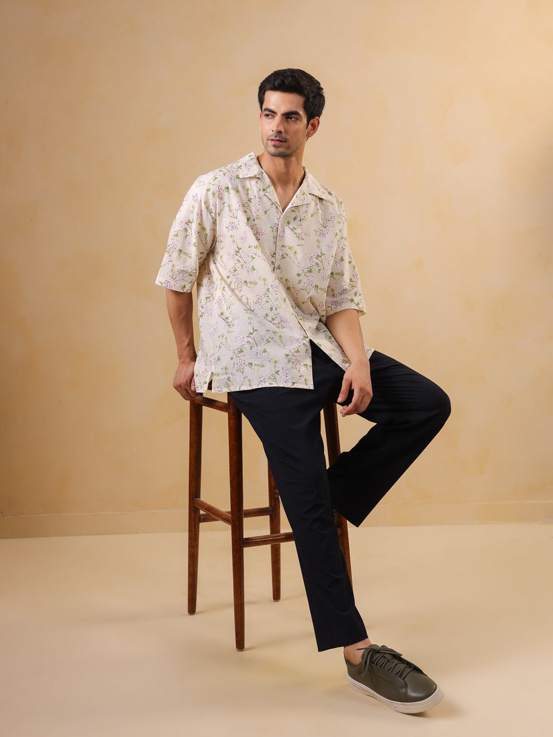 Off White Cuban Collar Printed Oversized Cotton Men' Shirt