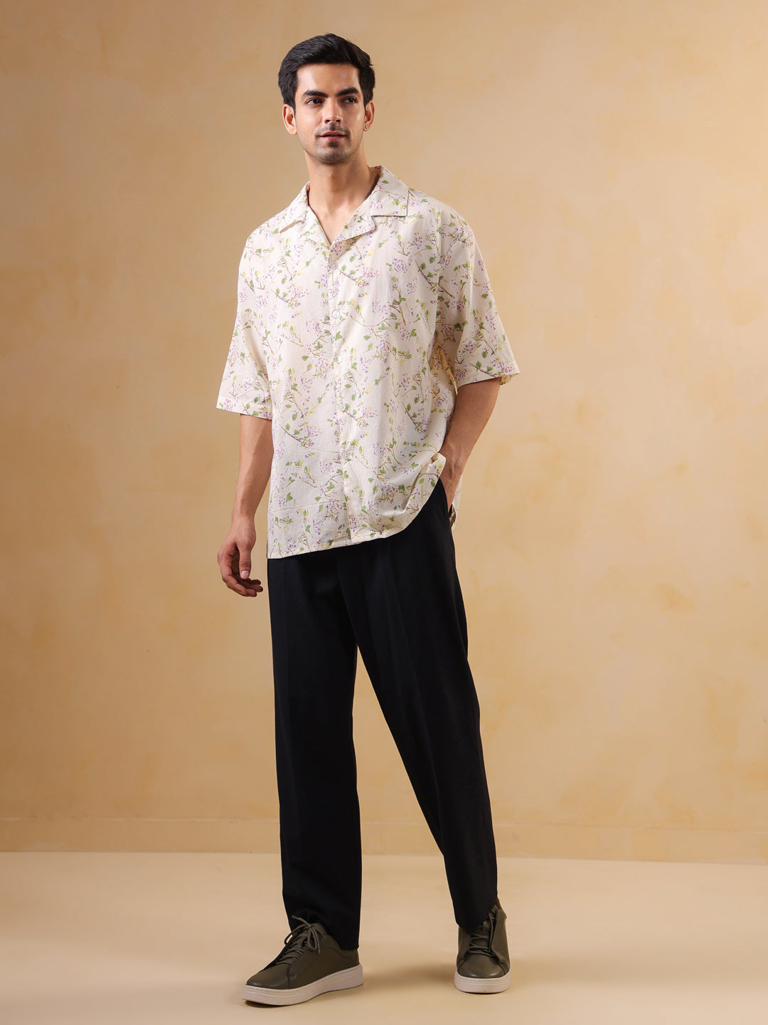 Off White Cuban Collar Printed Oversized Cotton Men' Shirt