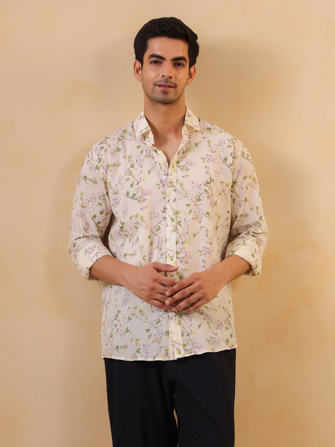 Off White Band Collar Floral Print Relaxed Fit Cotton Shirt