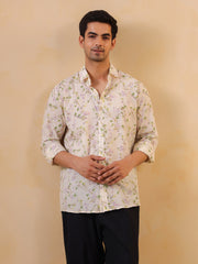 Off White Floral Print Cotton Band Collar Men's Shirt