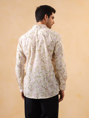 Off White Floral Print Cotton Band Collar Men's Shirt