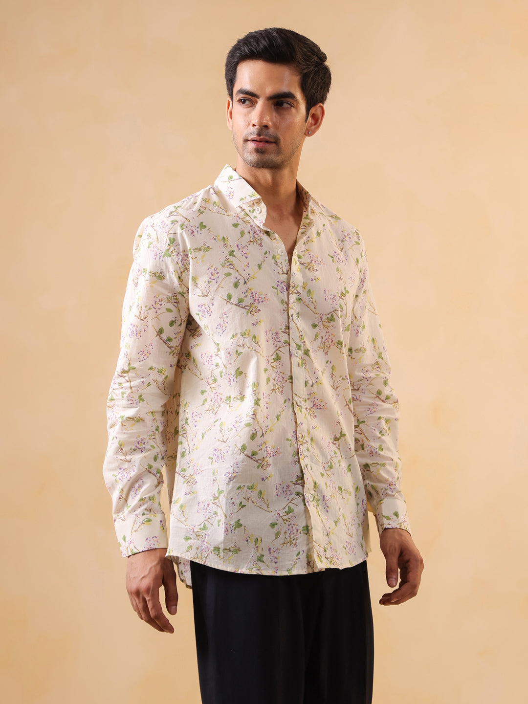 Off White Band Collar Floral Print Relaxed Fit Cotton Shirt