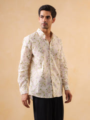 Off White Floral Print Cotton Band Collar Men's Shirt