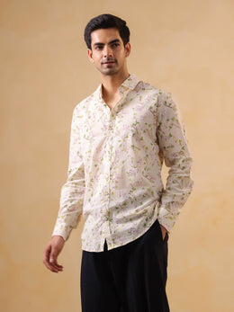 Off White Floral Print Cotton Band Collar Men's Shirt