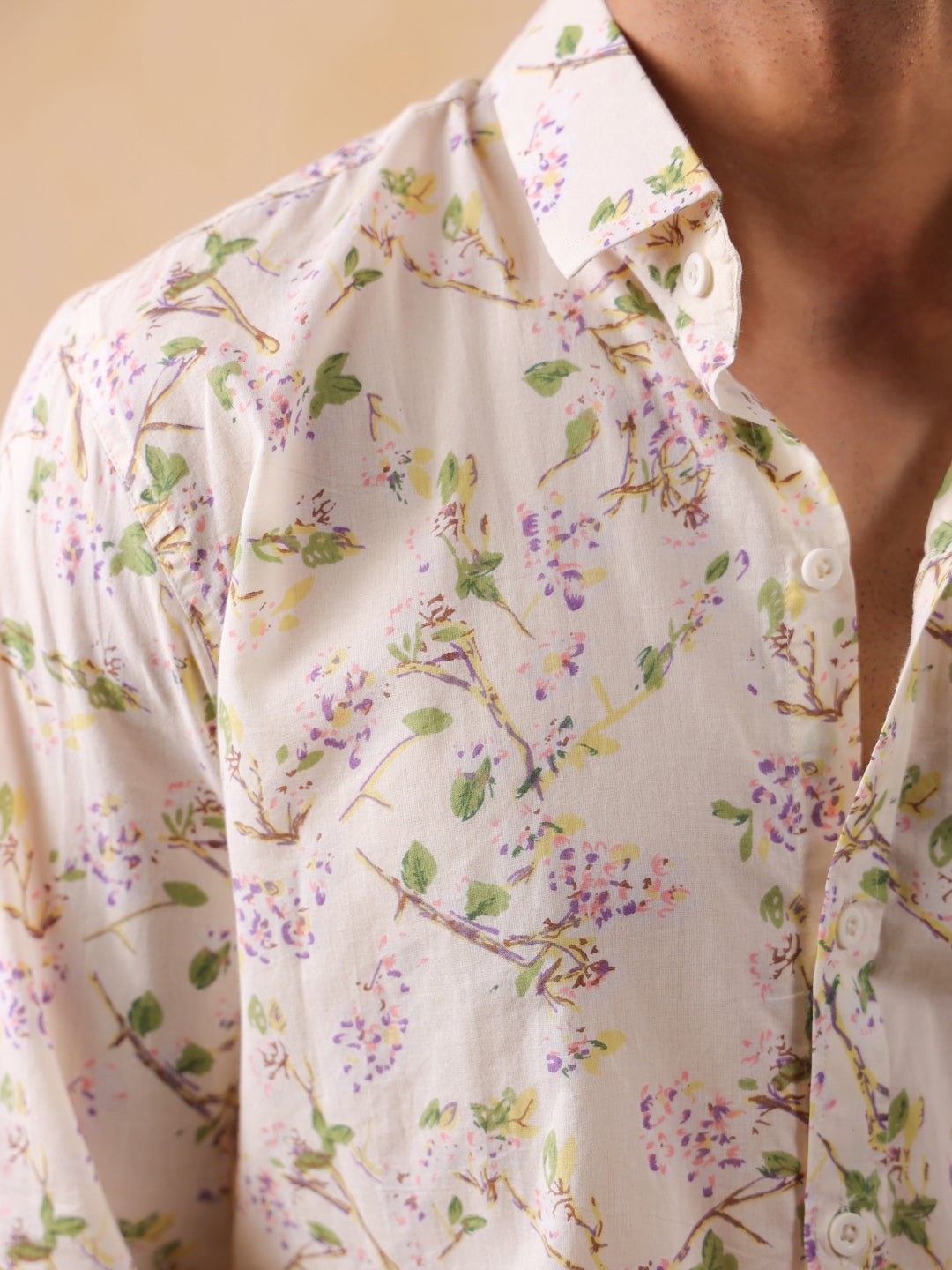 Off White Band Collar Floral Print Relaxed Fit Cotton Shirt