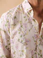 Off White Floral Print Cotton Band Collar Men's Shirt