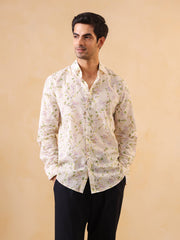 Off White Floral Print Cotton Band Collar Men's Shirt