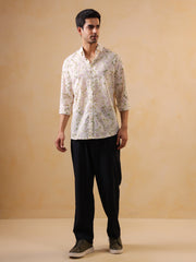 Off White Floral Print Cotton Band Collar Men's Shirt