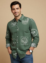 Sea Green Band Collar Abstractl Print Cotton Men's Shirt