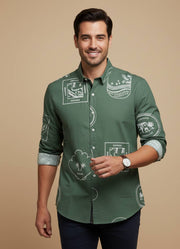 Sea Green Band Collar Abstractl Print Cotton Men's Shirt