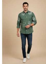 Sea Green Band Collar Abstractl Print Cotton Men's Shirt