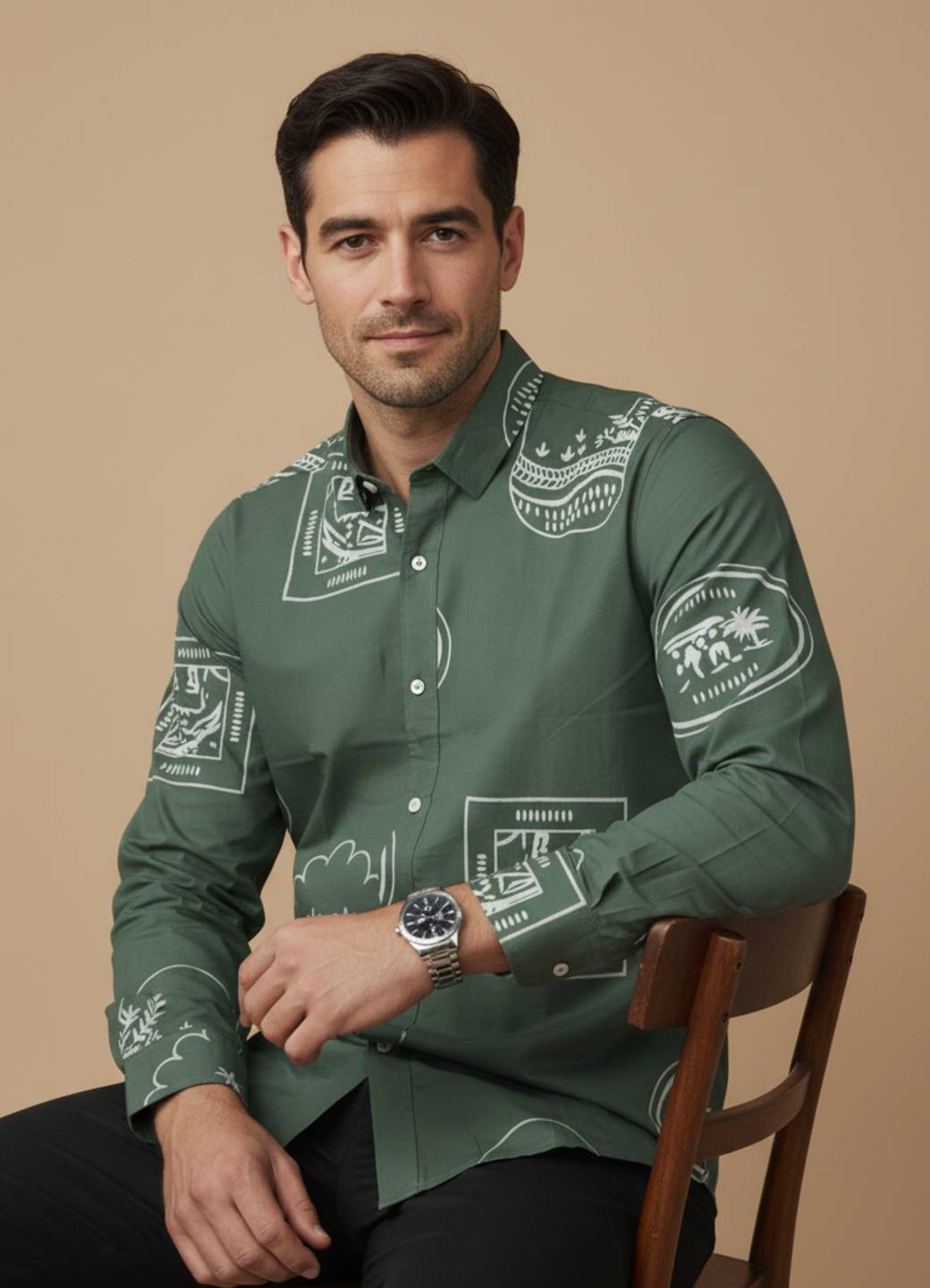 Sea Green Band Collar Floral Print Relaxed Fit Cotton Men's Shirt