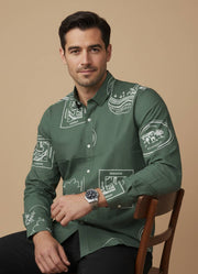 Sea Green Band Collar Abstractl Print Cotton Men's Shirt