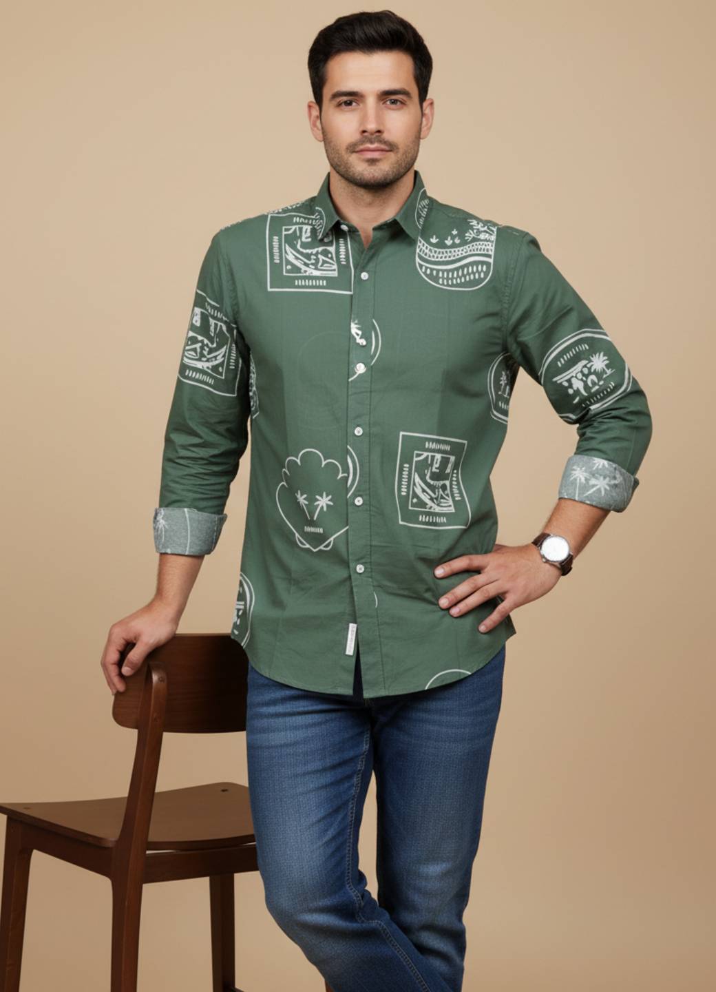 Sea Green Band Collar Abstractl Print Cotton Men's Shirt