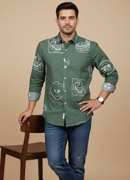 Sea Green Band Collar Abstractl Print Cotton Men's Shirt