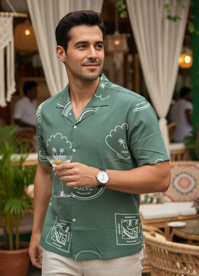 Sea Green Abstract Print Cuban Collar Cotton Men's Shirt