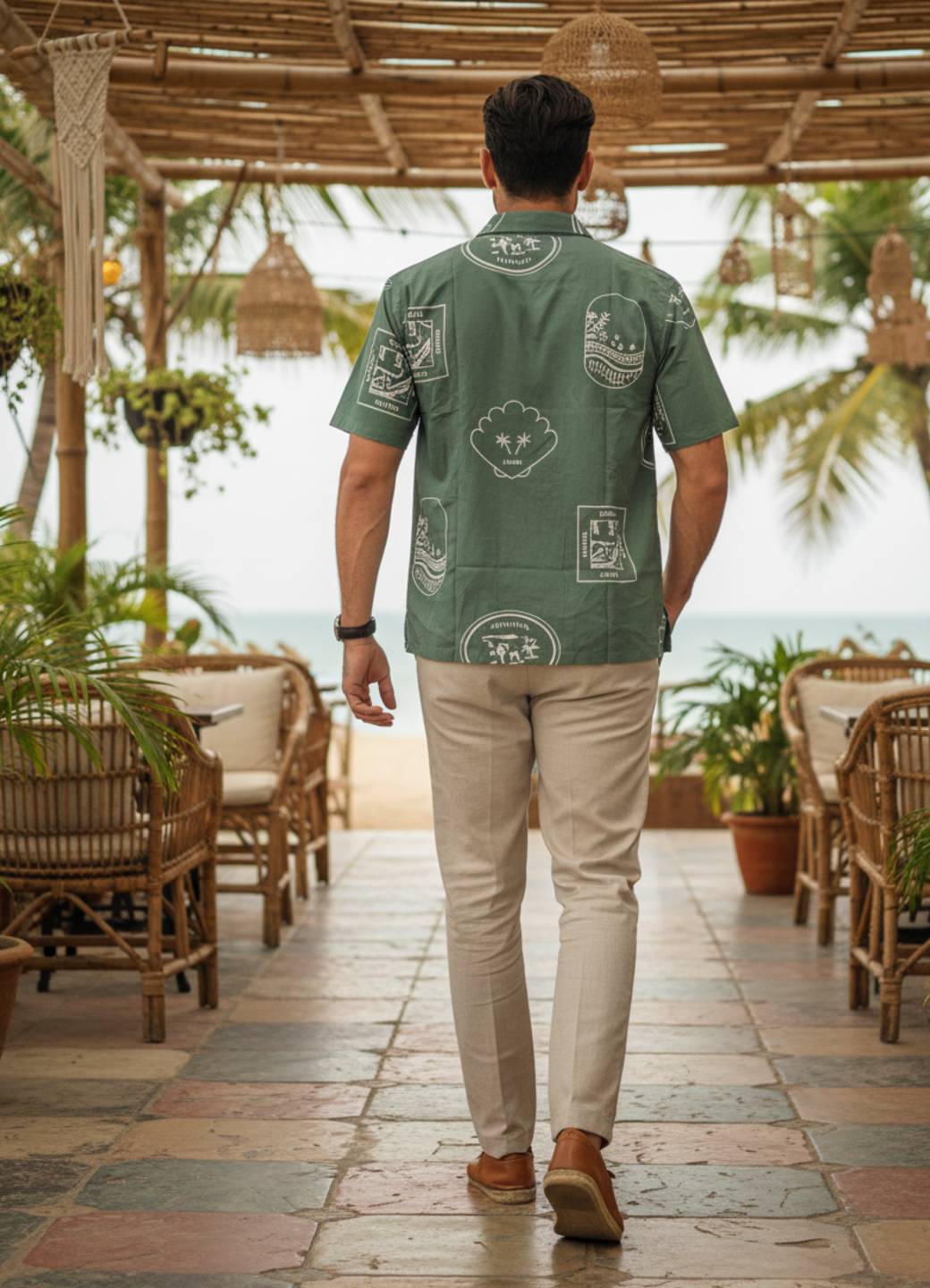 Sea Green Abstract Print Cuban Collar Cotton Men's Shirt