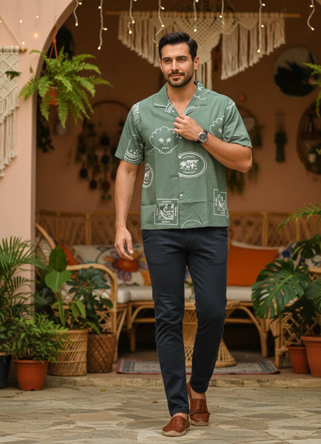 Sea Green Abstract Print Cuban Collar Cotton Men's Shirt