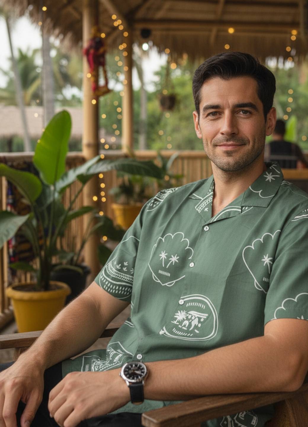 Sea Green Abstract Print Cuban Collar Cotton Men's Shirt