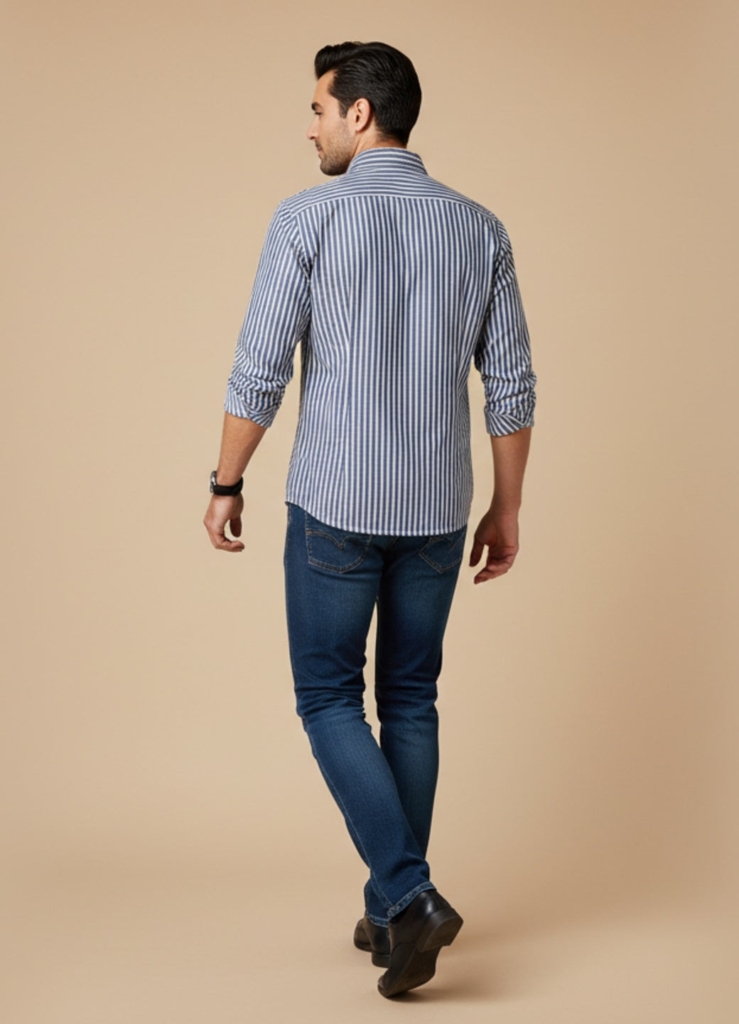 Blue Striped Band Collar Long Sleeve Cotton Men's Shirt