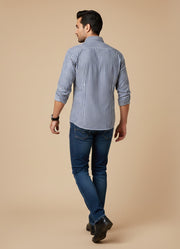 Blue Striped Cotton Band Collar Men's Shirt