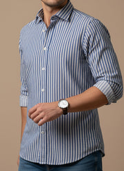 Blue Striped Cotton Band Collar Men's Shirt