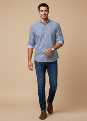 Blue Striped Cotton Band Collar Men's Shirt