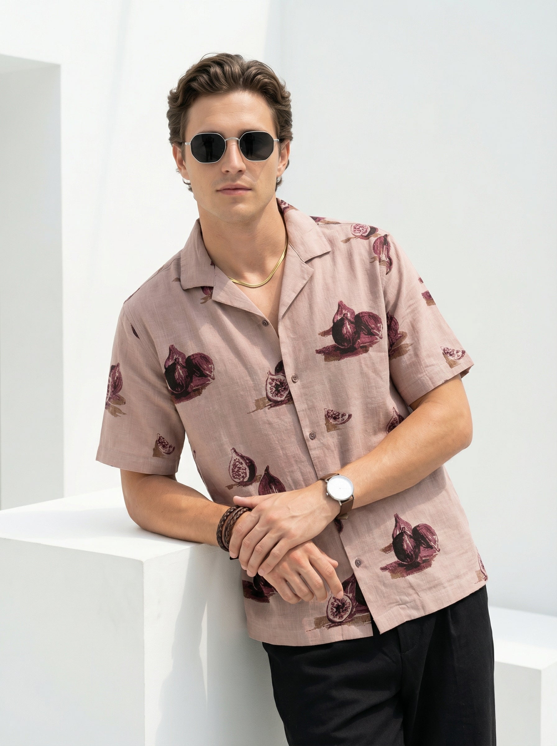 Mauve Cuban Collar Conversational Cotton Men's Shirt