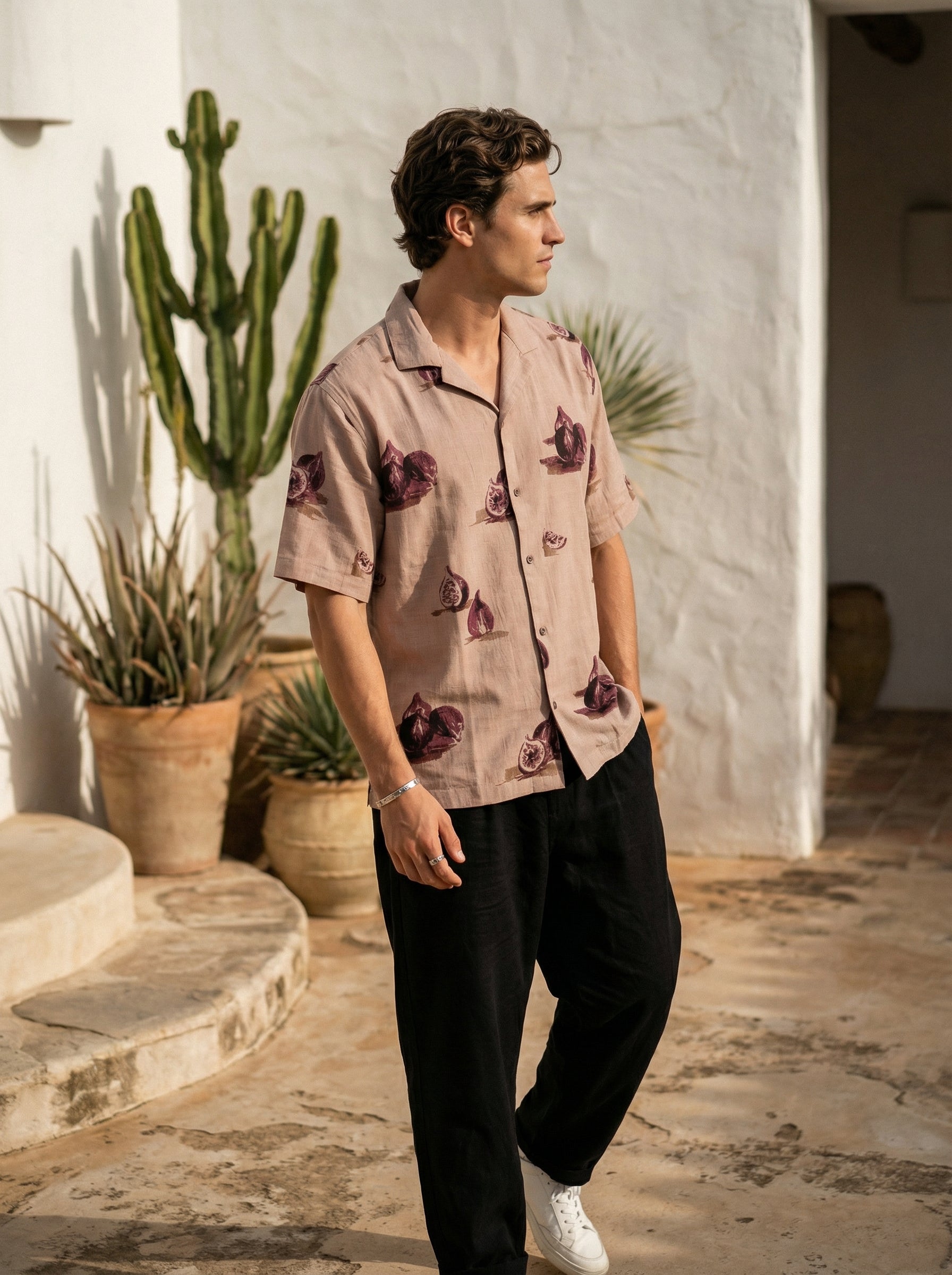 Mauve Cuban Collar Conversational Cotton Men's Shirt
