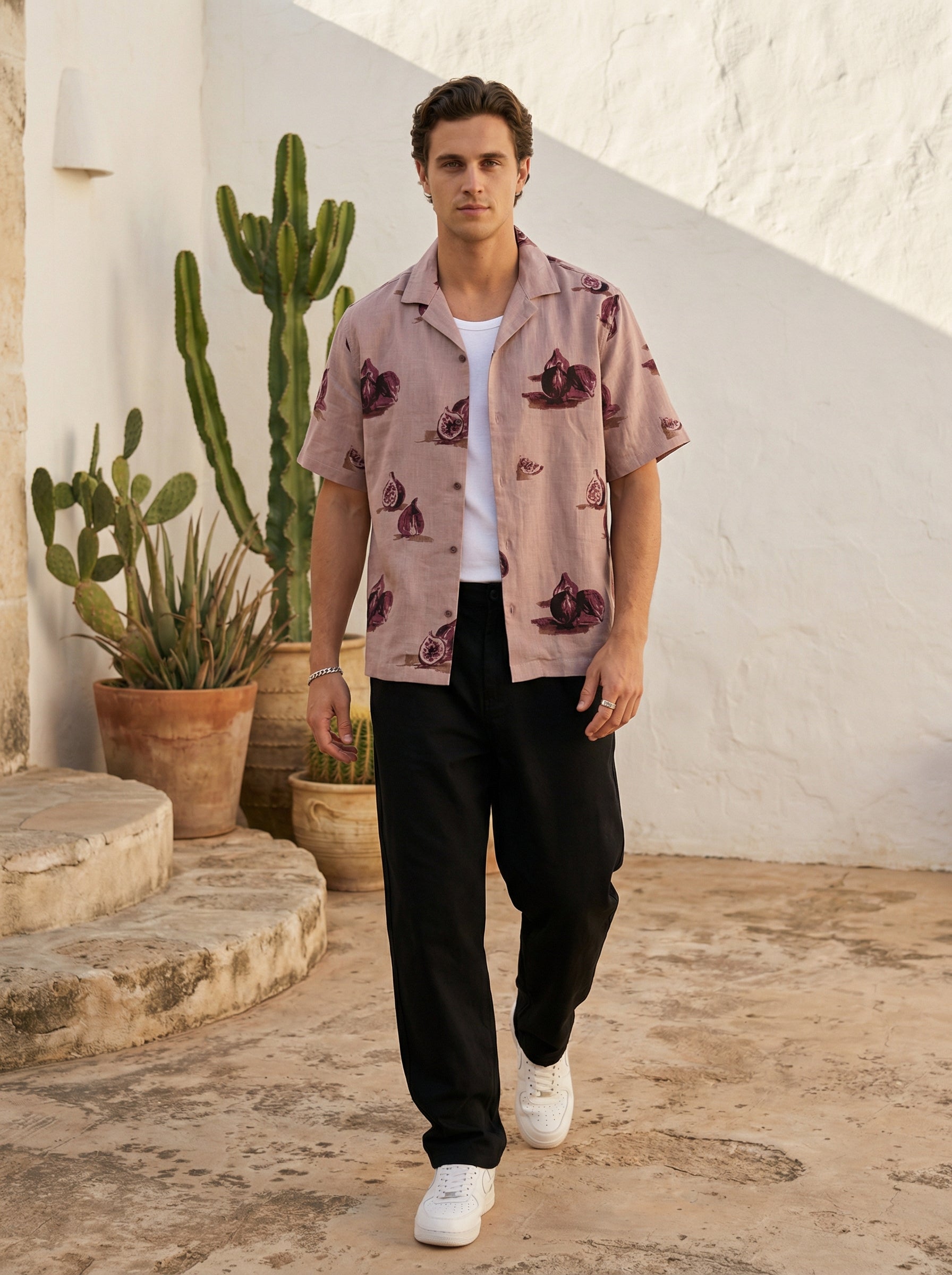 Mauve Cuban Collar Conversational Cotton Men's Shirt