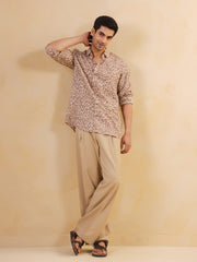 Brown Animal Print Cuban Collar Cotton Men's Shirt