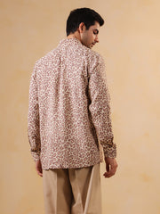 Brown Animal Print Cuban Collar Cotton Men's Shirt