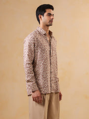 Brown Animal Print Cuban Collar Cotton Men's Shirt