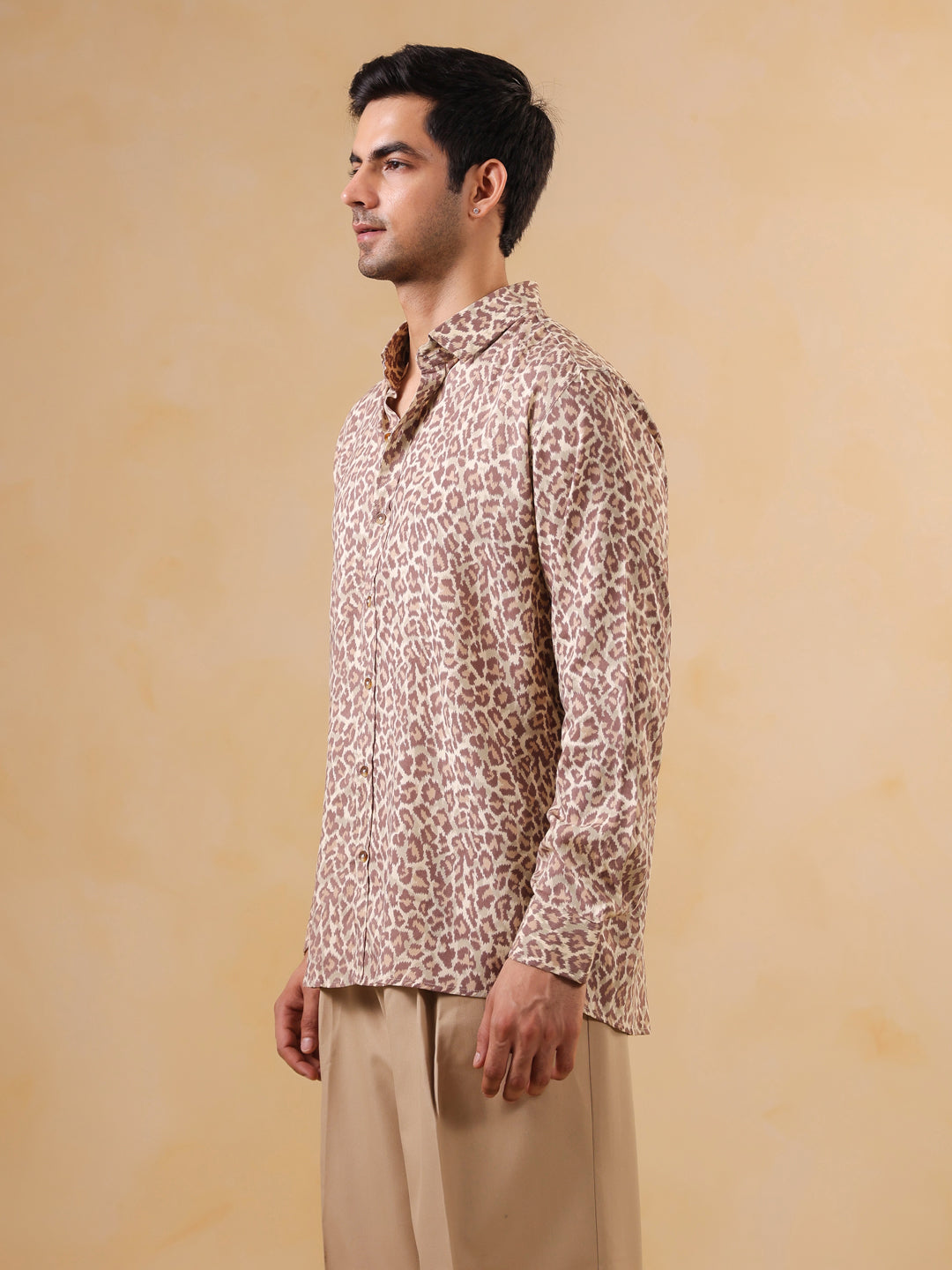 Brown Animal Print Band Collar Long Sleeve Cotton Men's Shirt