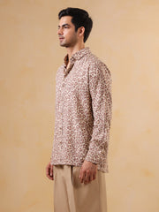 Brown Animal Print Cuban Collar Cotton Men's Shirt
