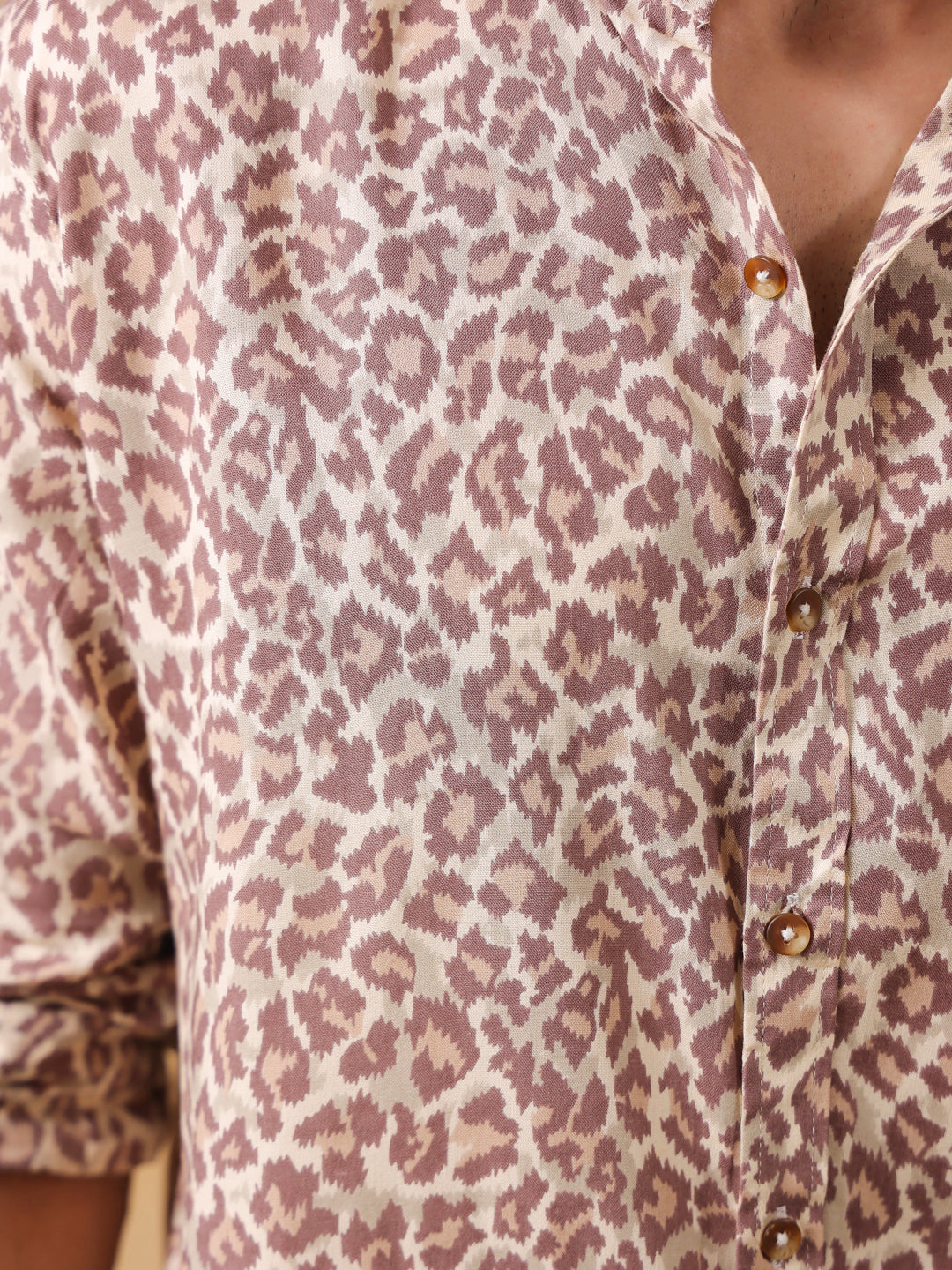 Brown Animal Print Band Collar Long Sleeve Cotton Men's Shirt